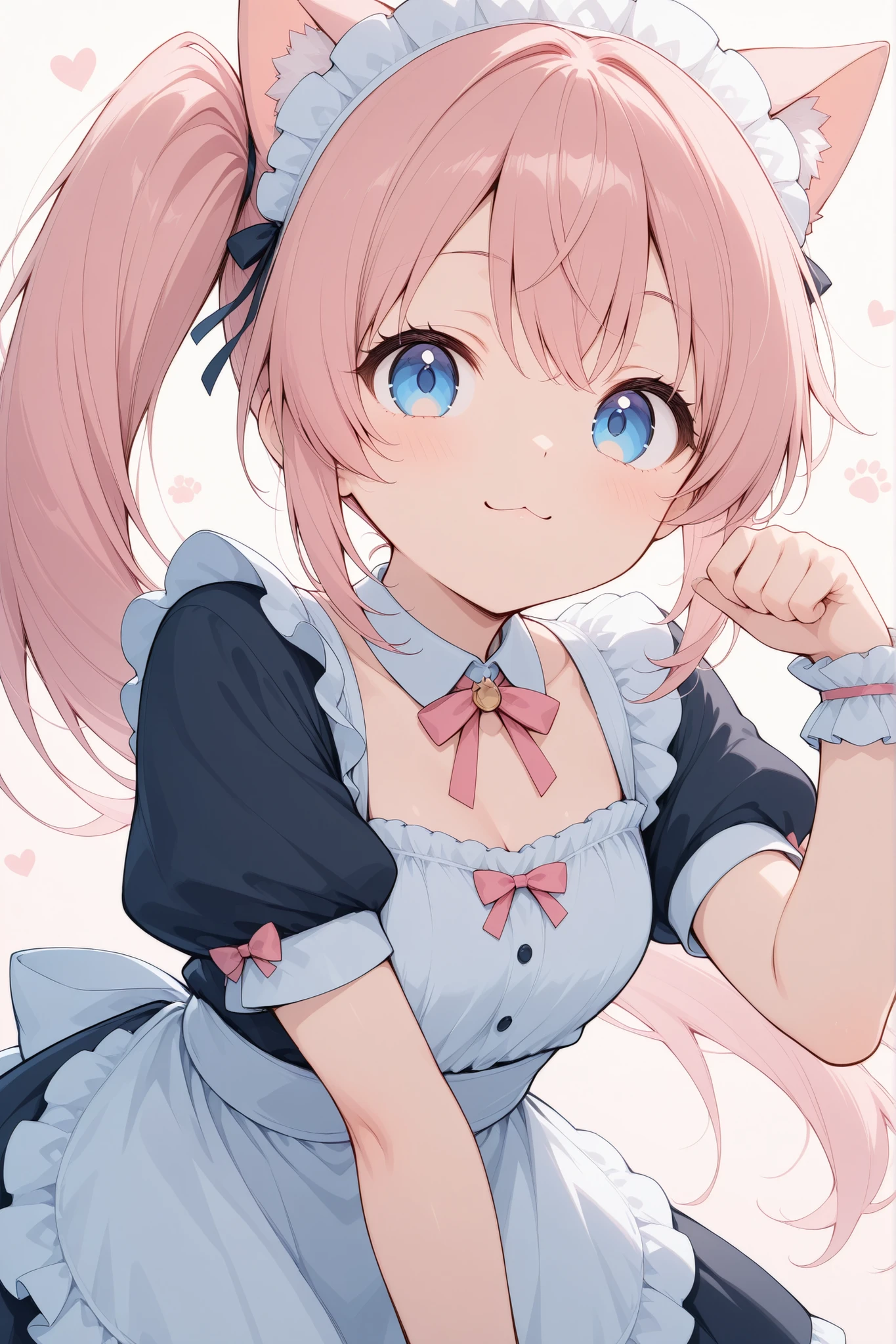 Cat ears、Maid Outfit、pink hair、long hair、side ponytail、cute、blue eyes、 very energetic girl 、:3,Kyoton Face