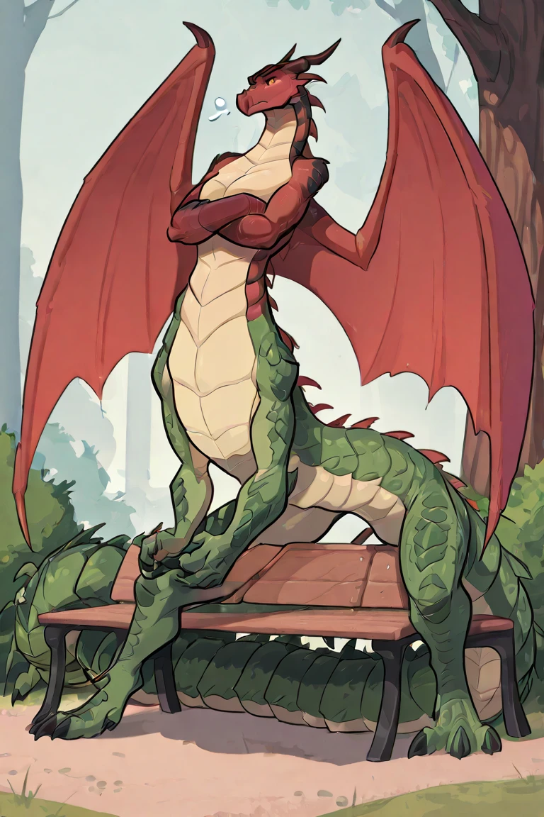 Dragon, anthro, long neck, green body, wide hips, large breast, forest, wings on back, bottomless, breast, 3/4 view, cute blushing, bare chest, pussy