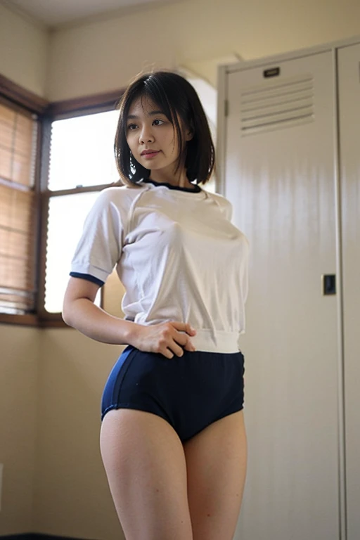 15yo girl, Black A-line bob cut, cute smile girl, (standing), (((oversized gray T-shirt))), denim shorts, barefoot, (((clothed huge breasts, huge breasts, sagging breasts,))), (((looking down))), symmetrical eyes, sitting, full body shot, washitsu, scenery, tatami, sliding doors, indoors, window,