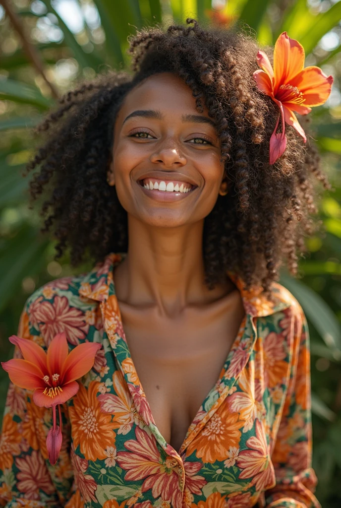 A Brazilian woman in a lush tropical garden, wearing an open shirt with a floral print, with a close-up capturing the harmonious beauty between her breasts and the natural flowers, showing off your natural charm and outgoing personality.