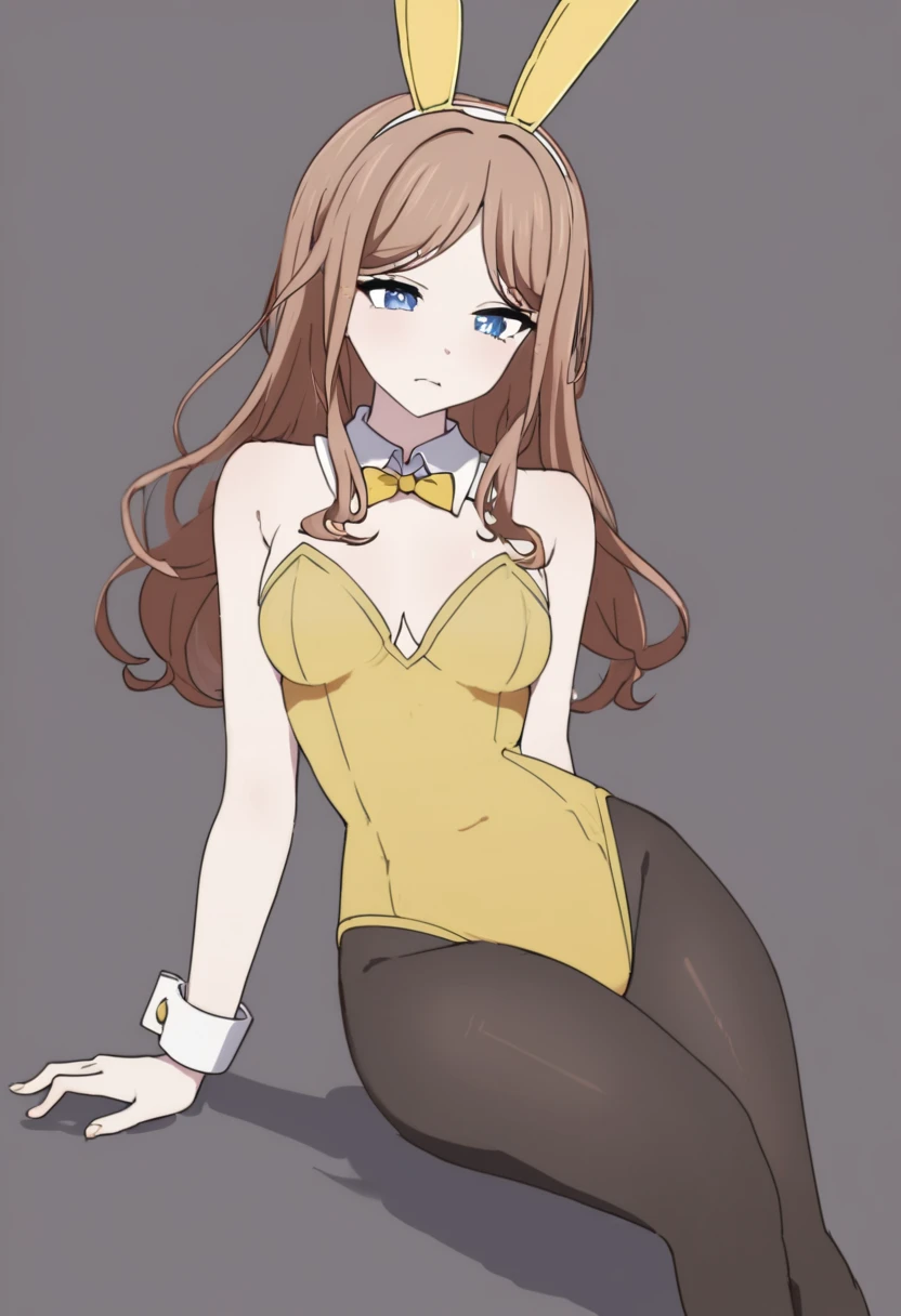 Masterpiece, Best Quality, 1girl, medium breast, brown hair, long hair, multicolored hair, orange red hair tips, swept bangs, brown eyes, playboy black bunny, fake rabbit ears, fake rabbit tail, detached wing collar, bowtie, strapless leotard, pantyhose, high heels, wrist cuffs, covered navel, bare shoulders, uncertainty, blushes, looks away, ((straight-on)), sitting on bed