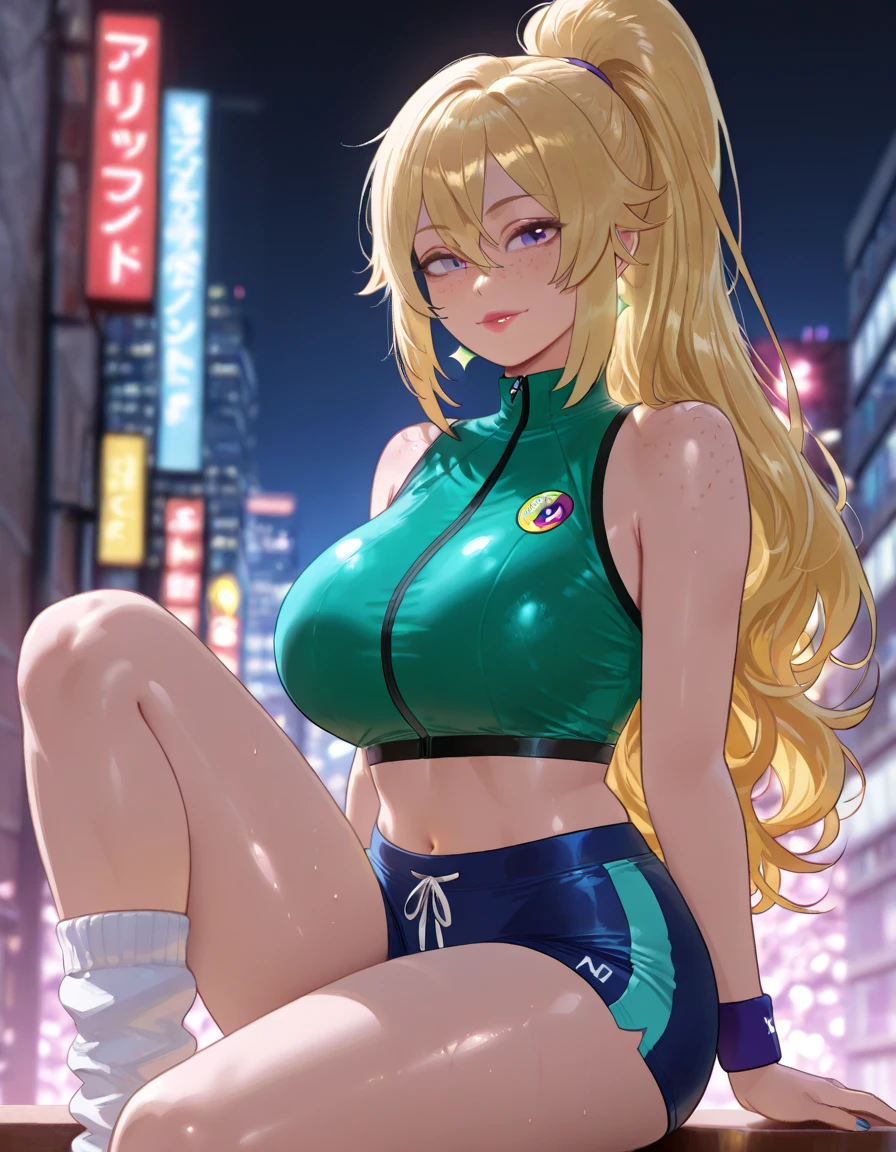 AGE: 15 Height: 1.70cm Weight: 55 Kg Skin color: pale eye color: Emerald green. Hair color: blonde (light gold) hairstyle: long and straight, wearing a French braid and wears bangs. ears: small size, usually hidden under your hair Eyebrows: Thin and well defined Distinctive features: small nose and lips, big bust/chest and butt. outfit: gray tight sportswear.