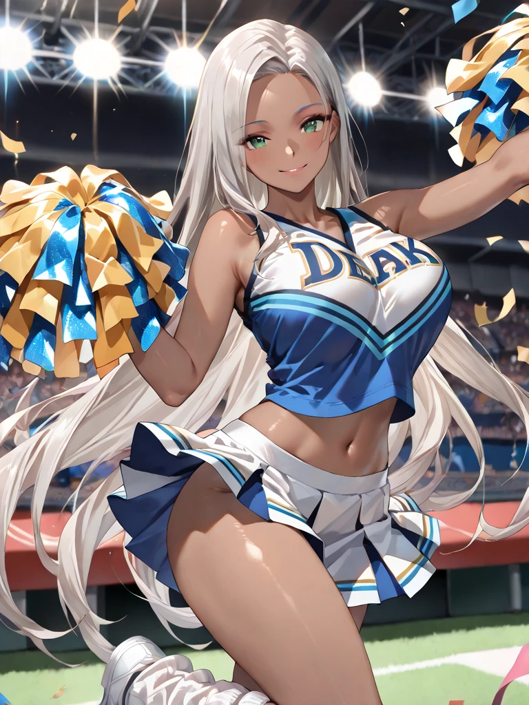 sexy dance show,(stadium, blurry background,blue sky,strong wind:1.2),oguri cap\(umamusume\),perfect hands, perfect finger,perfect anatomy,masterpiece, best quality,realistic, hyperrealistic, 16k hdr,,what does the fox say,open mouth, happy smile, long hair, blush,  belt, crop top, blue ultra miniskirt, pleated skirt, midriff, detached sleeves, elbow gloves,sweat,navel,large breasts,cleavage,erected nipples,(from below:1.2),micro panty,horse tail,(skirt lift herself,show off micro panty.:1.3)