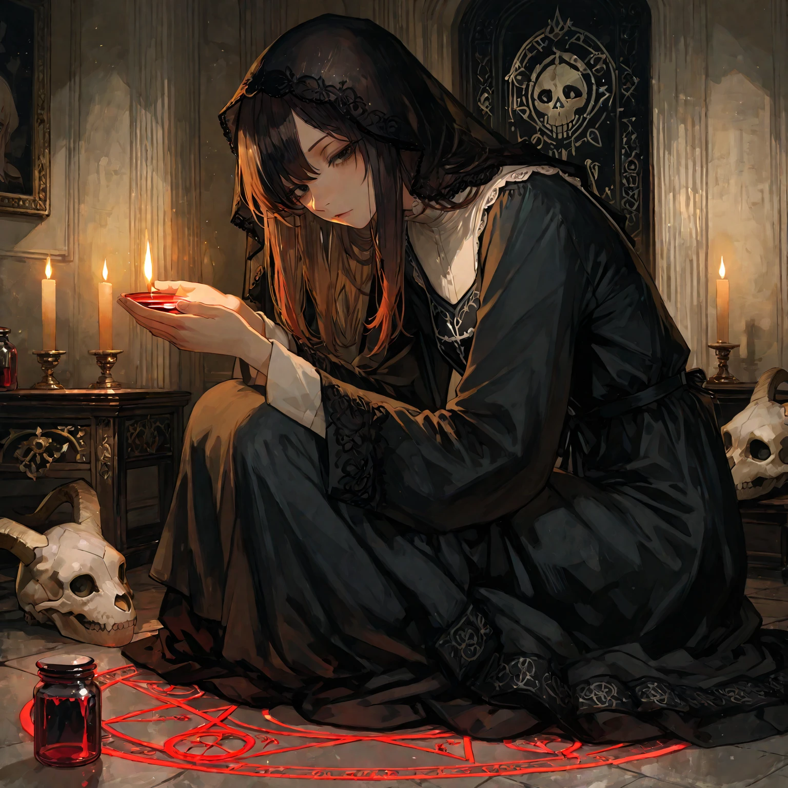by Brooke Shaden, 1girl, a witch performing a satanic ritual, skulls, blood, yellow, tentacles, disgusting, gore
