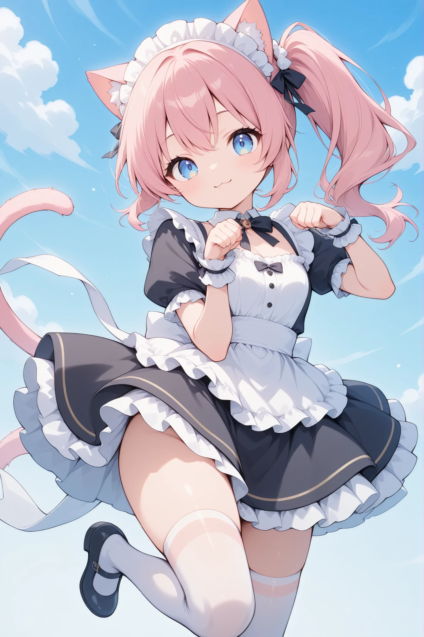 Cat ears、Maid Outfit、pink hair、long hair、side ponytail、cute、blue eyes、 very energetic girl 、:3,jumping、Pose