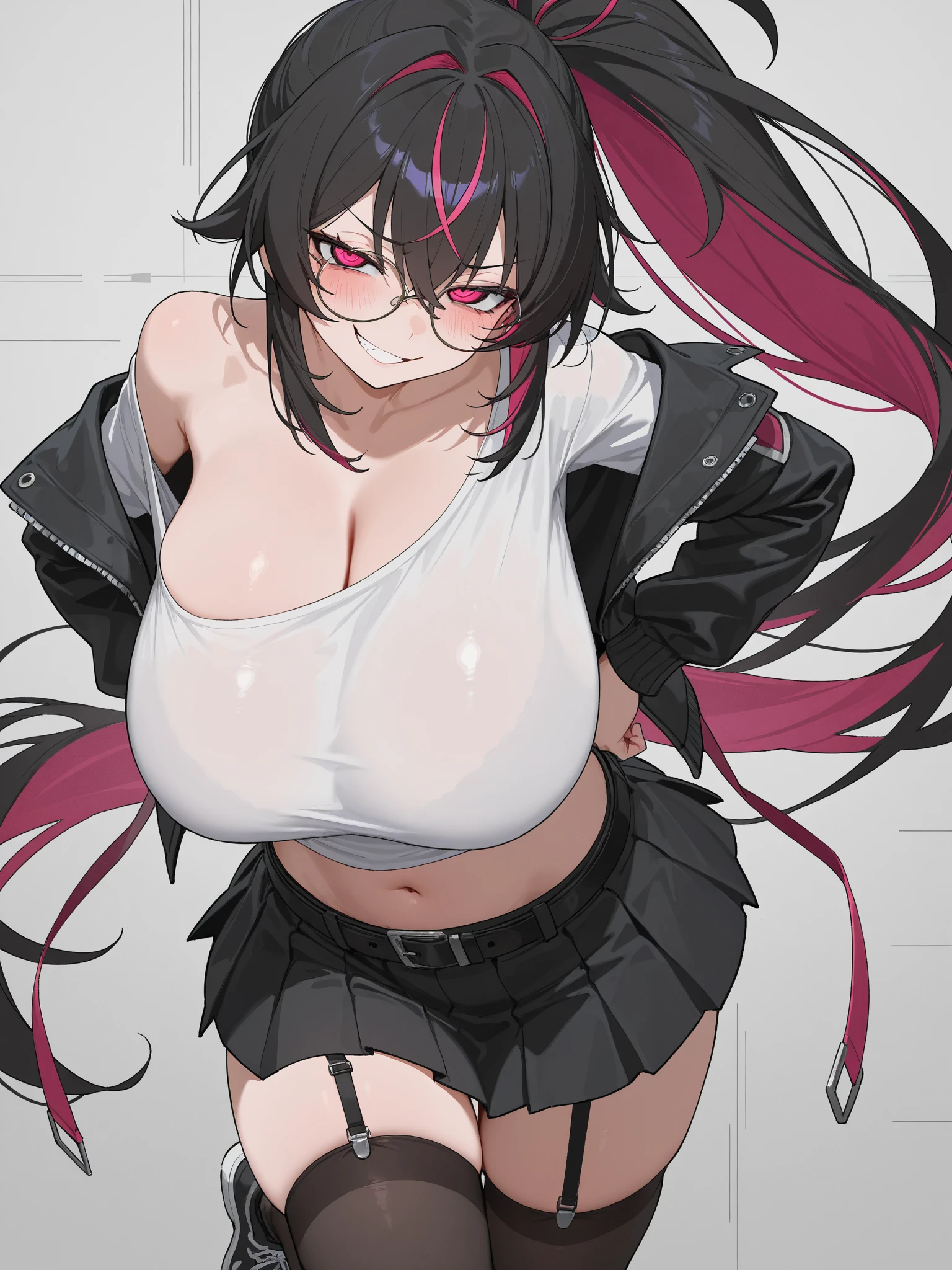 Ponytail, black mask, school uniform, purple eyes, big breasts, white underwear, misaligned bra, side tie panties, upper body close-up, angry expression, blush