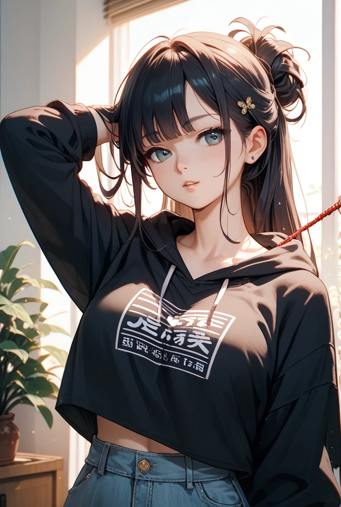 high quality, no errors, anime style, solo, dog girl, dog tail, dog ears, black fur, long black hair, messy hair, green eyes, cute look, casual outfit, only in panties, in a room seating, huge breasts, big fat ass, thick thighs