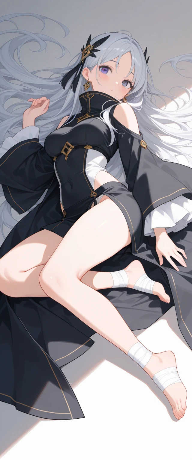 ((1beautiful girl)),,(((Silvery hair))),(((Braids2Book Hairstyles))),(((Middle bangs))),(((put out one's forehead))),(((Golden Eyes))),(masterpiece)), (((drooing eyes))),((top-quality)),((Vivid light and shadow depiction)), (The ultra-detailliert), ((kawaii)), cute little, (Detailed body line depiction), ((detailed face depiction)),((ighly detailed)), (8K), top-quality, (Beautiful fece),(((World-class quality))), ighly detailed, hight resolution,(((独奏))),(((thick eyebrow))).((((shinny hair)))),(((White and beautiful skin))),(((Small udder))),(((Bold poses))),(((Bright smile))),(((red blush))),(((composition seen from below))),(((In a dark room))),(((looking-down))),(((Looking up from your feet))),(((Gray military uniform))),(((tight skirts))),(((Black Knee High Socks))),(((Panties with white ribbon))),(((spreading arms widely))),(((Lying in bed))),(((Breasts out)))