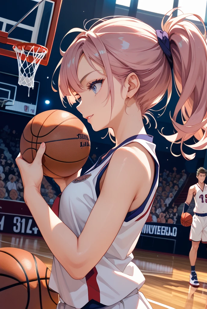 (Highest quality, 8k, 32K, masterpiece, Ultra-high resolution,:1.2),to be born, One Girl,So cute , hair ornaments, eye, Multicolored Hair,Upper Body, Pink Hair, Magical girl, A fantasy background that resembles a gymnasium or an electronic world, clear, 輝くeye, Age 25 ,Fair skin, Pink Hairの少女, Sexy Costumes, Long Hair, An innocent smile, Large Breasts,, Basketball court,