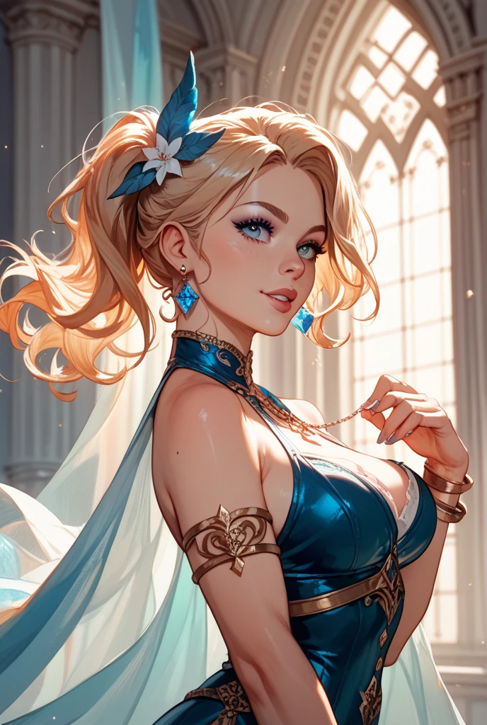 best quality,ultra-detailed,realistic,vivid colors,sharp focus,portrait,light and shadow,the garden scenery in the background,sunshine filtering through the leaves,a soft and gentle lighting,sweet smile,subtle blush on her cheeks,long flowing blonde hair,delicate crown on her head,golden embroidery on the blue dress,fluttering and translucent fabric,lively and vibrant luma dancing around her,meticulously painted flowers and plants,elaborate lace patterns on the dress,meticulously shaped eyes and eyebrows,pink lips with a touch of gloss,great attention to detail in facial features,elegant posture in a slight breeze,graceful and confident stance,straight posture with a slight backward tilt,sparkling blue eyes,expressive facial expression,charming and captivating appearance.