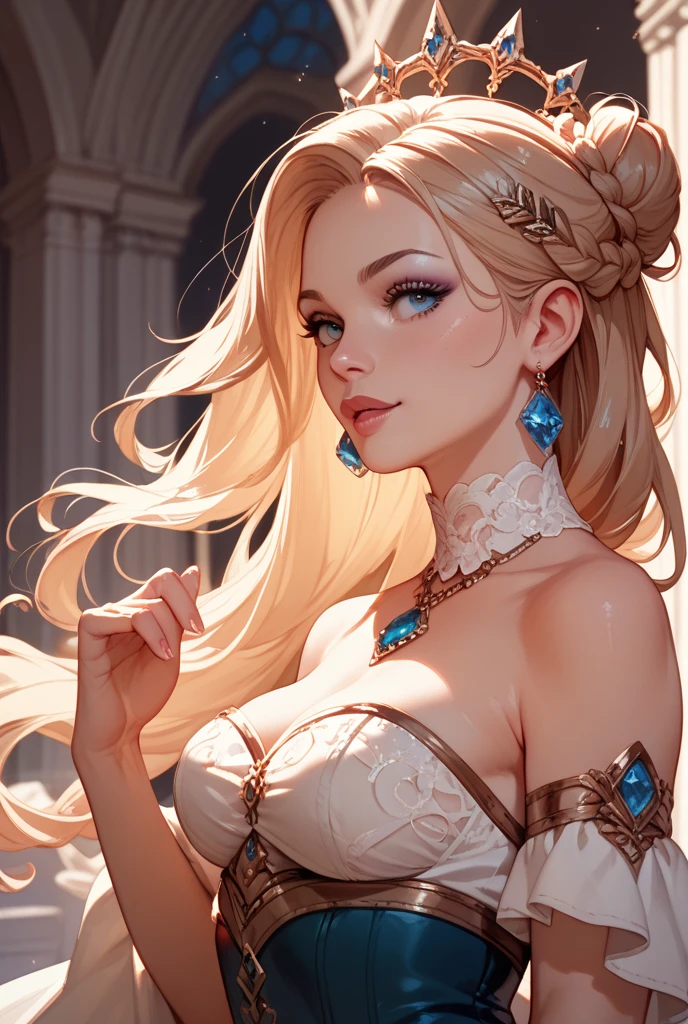 close-up of a beautiful female face, gorgeous eyes, intricate, neckleace, soft lips, smiling, naughty, seducing gaze, freckles, tails, jewerly