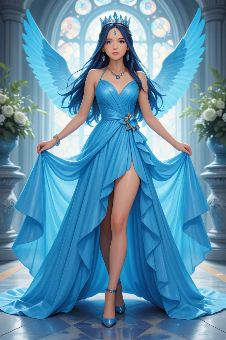 Arafed, a picture of a female angel in high society prom event, divine beautiful feminine angel, (blue hair: 1.4), long hair, flowing hair, the hair glows in a soft light, cerulean eyes, deep light eyes, divine feminine face, she wears a ((purple and red evening dress: 1.5)), elegant, intricate detailed dress, silk dress, small cleavage, ((dress is decorated with white flowers: 1.4)), she wears elegant knee high heeled boots, exquisite knee high heeled boots, she stands on the porch of a fantasy castle, dynamic angle, soft torch light, (Masterpiece: 1.5), 16k, highres, best quality, high details, ultra detailed, masterpiece, best quality, (extremely detailed), AngelStyle, angel_wings, Angel, flower dress, Intense gaze