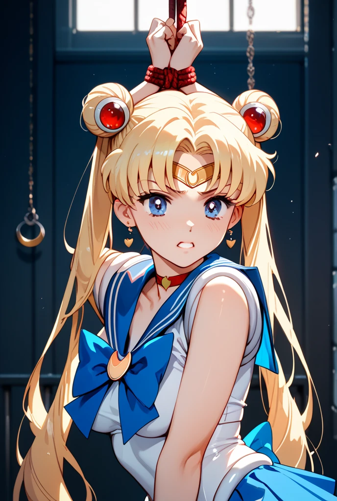 masterpiece,best quality,<lora:tsukino:1>,bishoujo_senshi_sailor_moon, heart, crescent, red_choker, teeth, sailor_senshi_uniform, sailor_moon, jewelry, breasts, small_breasts, bow, hair_bun, clenched_teeth, heart_choker, earrings, magical_girl, blue_sailor_collar, sailor_moon_redraw_challenge_(meme), sailor_shirt, sleeveless, collarbone, red_bowtie, sweatdrop, 1girl, solo, bowtie, circlet, cleavage, crescent_earrings, collared_shirt, sailor_collar, tsukino_usagi, sleeveless_shirt, meme, hair_intakes, shirt, upper_body, white_shirt, choker, red_bow