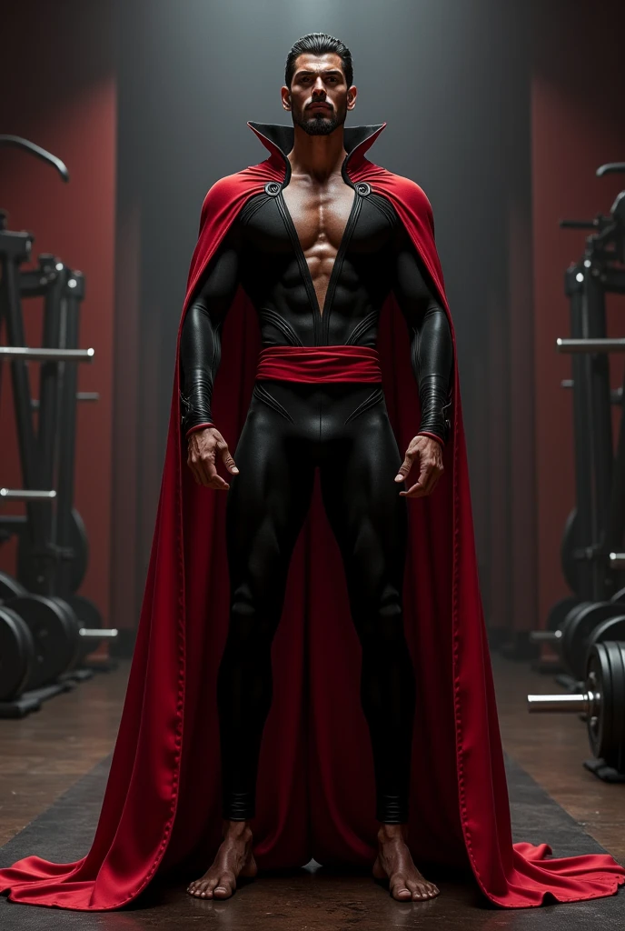 An anime style drawing A tall black man of 1,99 cm forte , muscular afro, with marks all over his body, bald man with big nose and mouth.fleshy, shirtless with scarred skin and a red cloak on top