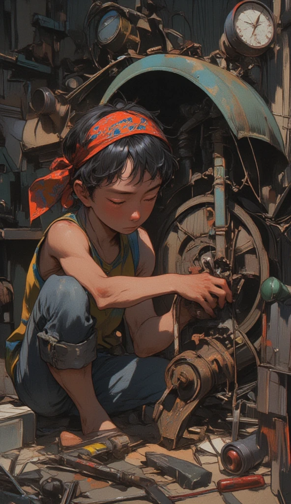 There was a little boy standing next to the pump, girl with warship parts, watermills, Makoto Shinkai. rendering by octane, dieselpunk setting, Makoto Shinkai. —h 2160, studio glibly makoto shinkai, wonderful scene, water-cooled, Makoto Shinkai. a digital rendering, historical context