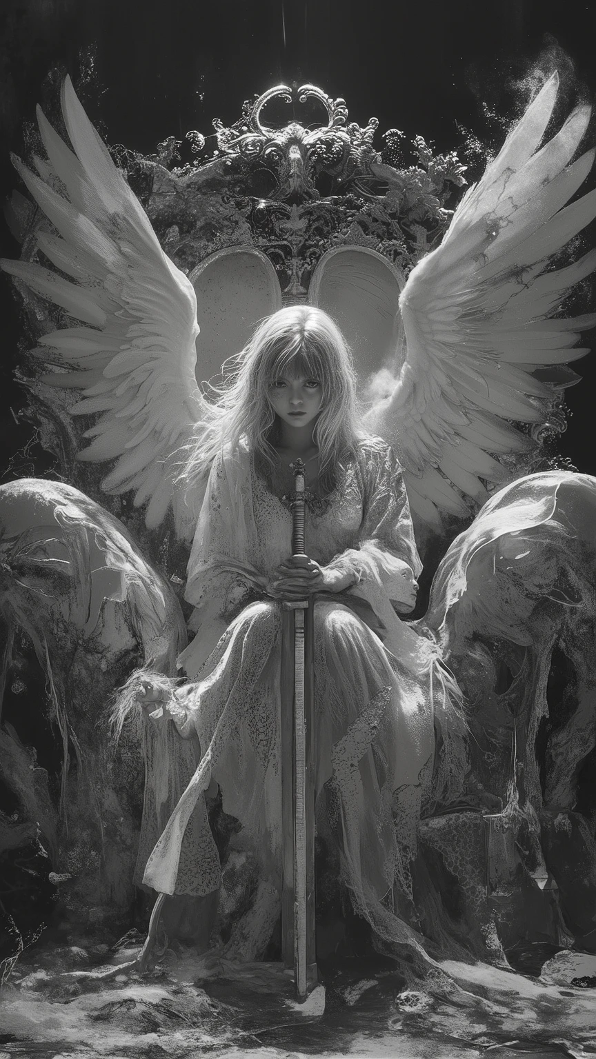 A beautiful angelic woman with a colossal sword, white wings, and a lace outfit sitting on a throne, in the style of vintage photography, in black and white.