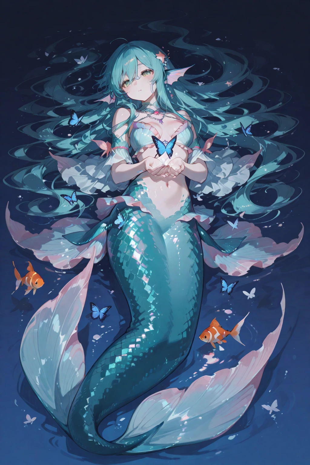 (((In the stomach))), mermaid、Small breasts、Sweat、Struggling、Arms bound by tentacles、Coiled Tentacles、Bright colors