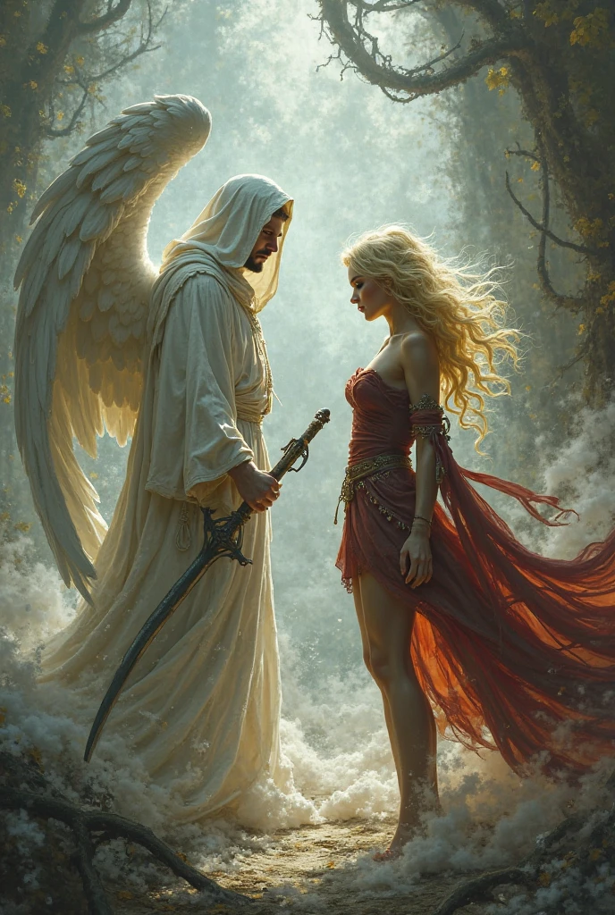 Let's create an image of a male devil warrior holding a katana-style sword loosely, his body has many skin wounds, he is holding the waist of a beautiful girl around 18 years old, trying to save her from the demons right at her feet trying to reach her. There are a few small scratches on her face. She turns her back to the camera, her face facing the warrior. On her back, there are traces of two angel wings that were recently removed.