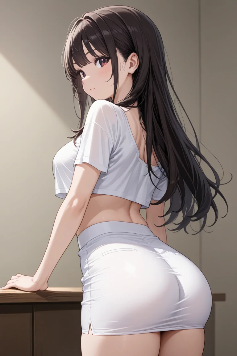 nozomitoujou, nozomi toujou, green eyes, brown hair, curly hair, large breasts, masterpiece, best quality, high resolution, beautiful detailed eyes, extremely detailed face, good lighting, detailed CG, messy hair, worried, (white fishnets), full body, standing, looking back at viewer