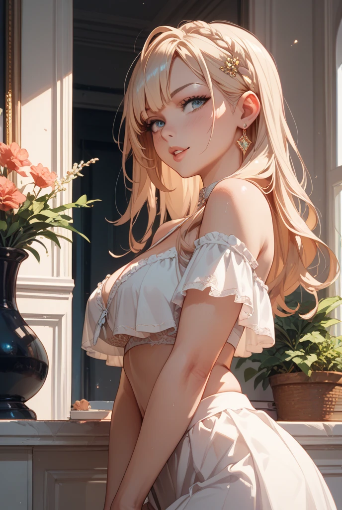  ((best quality)), ((masterpiece)), (detailed), NSFW, small breasts, prominent collarbones, skinny arms, flat stomach, visible hip bones, long hair, red hair, white hair, blonde hair, dark hair, ponytail, thick ponytail, heavy ponytail, NSFW Fluttering lace frilly petticoats, pleated petticoats 