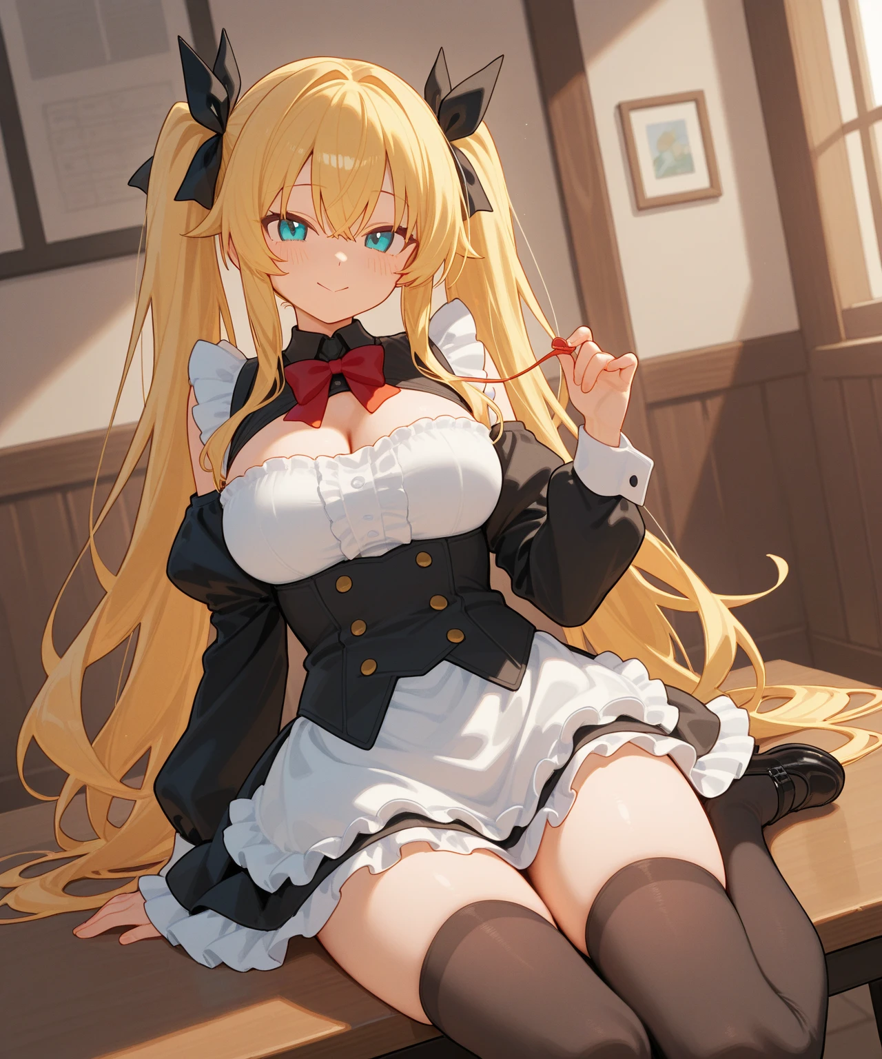 cat girl,long blonde hair,blue eyes,sexy,big chest,dressed as a sexy red and black sailor
