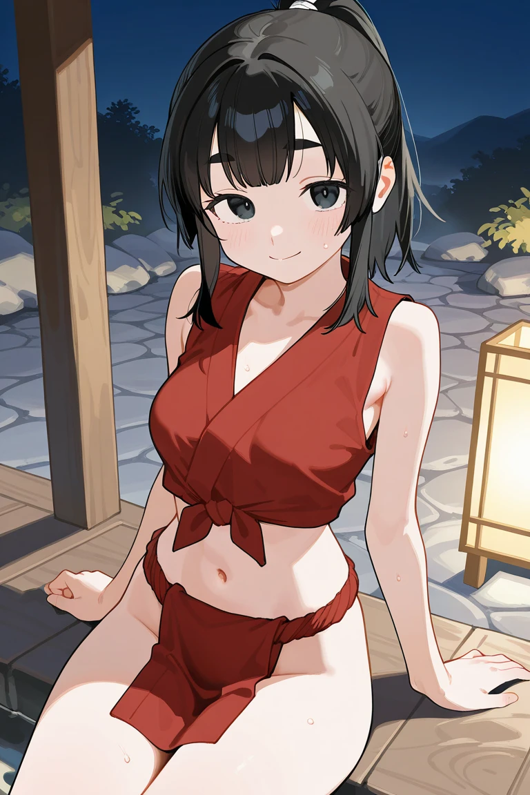 redraw, 1girl, loli, towel, hotsprings, red eyes, bob cut, black hair, small breasts, thighs, grin, red horns
