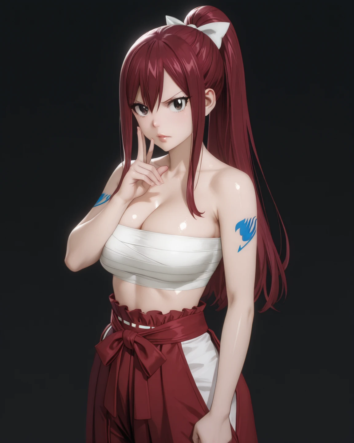 masterpiece, best quality, 1girl, solo, simple background, score_9, source_anime, score_8_up, score_7_up, large breasts, android_21, dragon_ball, 1girl, blue_eyes, red_hair, <lora:4th_tail_lora_extract_l:1> by ishikei, looking at viewer
