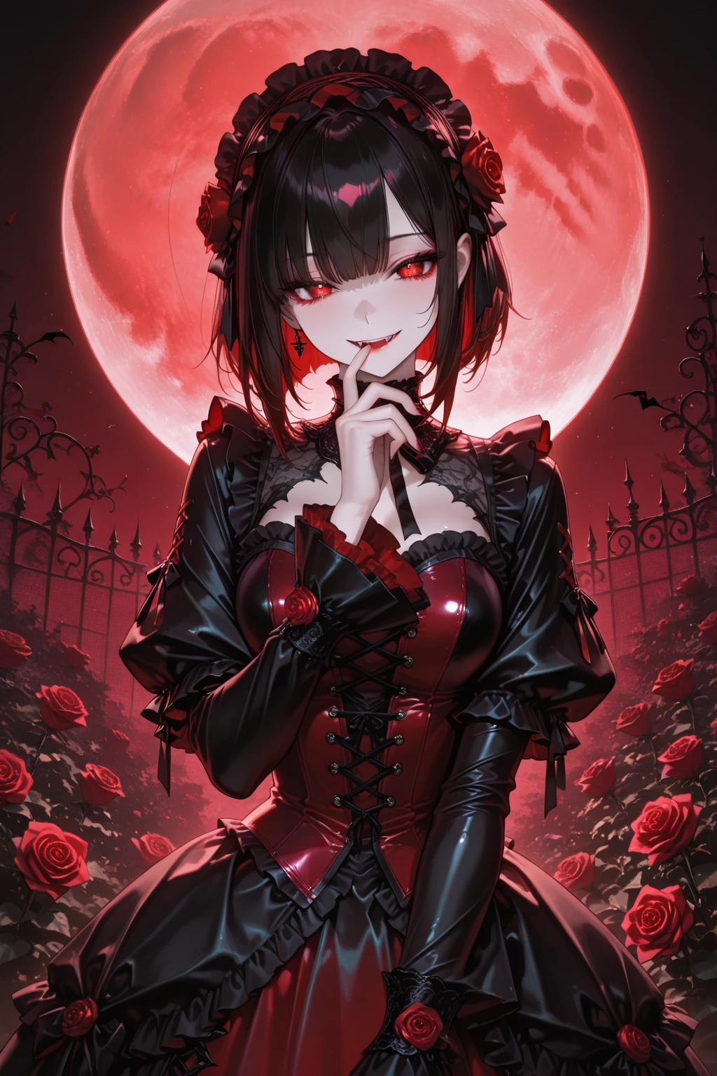 whole body, Gothic red dress, (vampire teeth), (castle), absurdres, RAW photo, extremely delicate and beautiful, masterpiece, Best Quality, ultra high resolution, 32k, hyperrealistic, ultra-detailed, detailed description, pale skin, 20 years old, detailed beautiful face and eyes, tearful mole, earring, Colossal tits, short medium hair, wavy hair,　