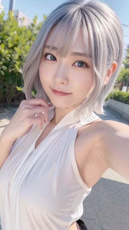 Close-up portrait of a beautiful Japanese girl。She has short, silvery bob hair.、Her hair is messy and falling over her face.。The large eyes are purple、Her gentle smile is impressive。Her cheeks were slightly red、Have a healthy and lively appearance。The girl is wearing a white tank top.、The tank top is wet and sticking to your skin.。She is wearing the shorts from the set and they are wet too.、There's water on my shoulder、It creates an atmosphere as if you are in the rain.。The background is bathed in soft white light.、The light reflects off her hair and skin.。as a whole、The extremely realistic and refreshing depiction is characteristic.。