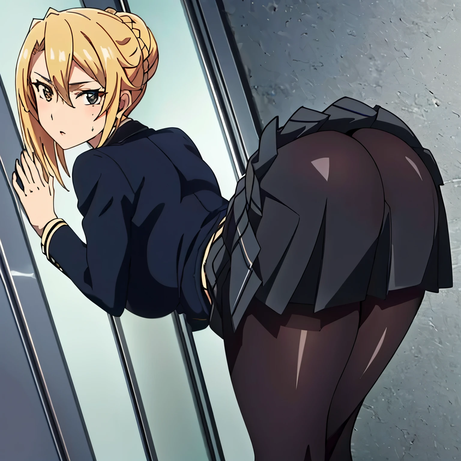 zettai ryouiki, monster girl has green skin, Blonde hair, tall, Thin, flat chest, all-fours, Turn around and show your ass, Lift the skirt to show your panties, Turn around, blush, Embarrassment, Embarrassment, Sweat, exhale, city, retinas, nffsw, Anatomically correct, Super Detail, Textured skin,