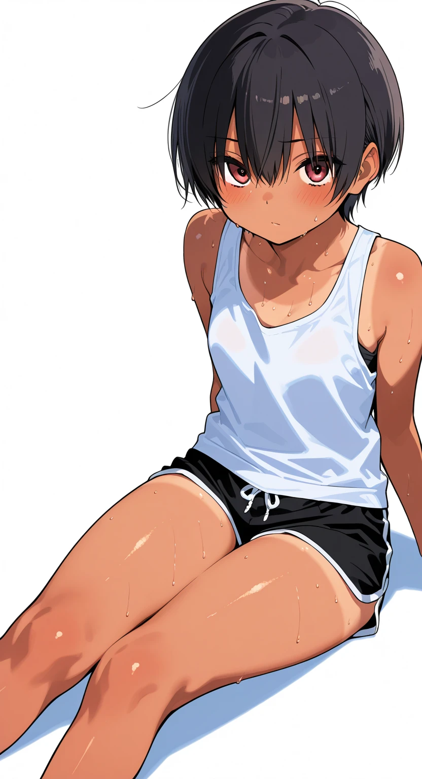 7-year-old boy, (((shota))), A small cute boy, tank-top, bare thigh, sneakers, full body, (best Quality, Amazing Details:1.2), 8k, official art, extremely detailed CG