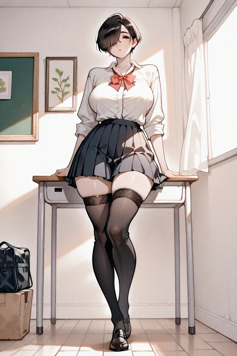 (masterpiece, best quality), 1girl, solo,sitting on a desk, beautiful face, blonde hair, torn clothes, torn legwear, dark , black thighhighs, moldy room, scared,crying, terrified face, itricate details, tied arms behind head, dark atmosphere, danger, 