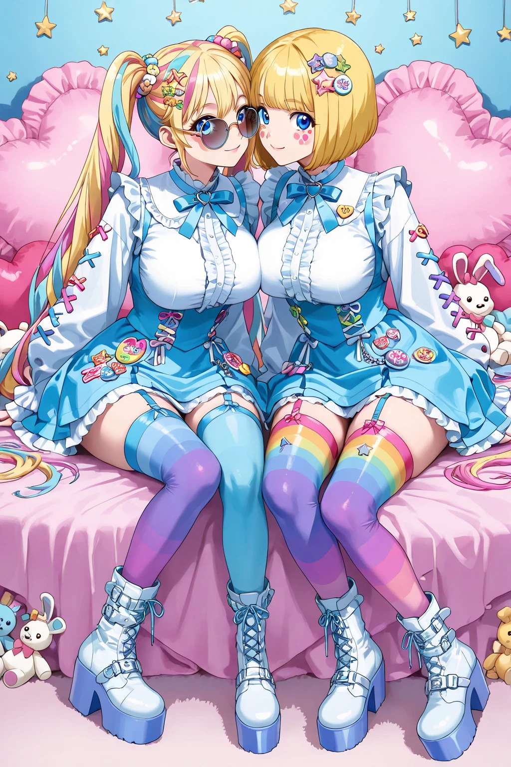 Sexy girls wearing (big diaper), busty, (large breasts), wide hips, (latex), stockings, fishnets, corsets, (hypnotized expression), ((hypnotic)), (magical), (blushing), (embarrassed expression), "bounce house", pleasure, (orgasmic), smiling, colorful, inflatables, (magical fog), (sissy), collar, rainbow hair