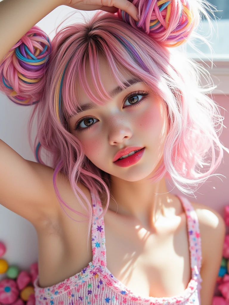 NSFW, 8k, High-level, absurd, masterpiece, best quality, primitive, very detailed CG, very detailed wallpaper, perfect lighting, Extremely detailed ((( personifying " Farrah Fawcett Majors " as a Little Girl))), MysticSight, Tyndall effect, Tyndall scattering, (Studio gray background with (Overflowing oodles Dazzling RainbowColorParticles (BokeH))), (RoundlyButts, ThighGap), (Exposed:0.4), (Assfocus with looking ahead) BREAK (Acutance:0.88), (NOGIZAKA face variations) Extremely Detailed very KAWAII face variations, perfect anatomy, Childish, CaptivatingGaze ElaboratePupils detailed Eyes with (sparkling highlights:1.28), (Voluminous LongEyelashes、GlossyRED Lips with beautiful details, RosyCheeks, Radiant PearlSkin with Transparency . { (Dynamic LifeLike expressions:1.4) | :d) }, (large eyes:-1) .