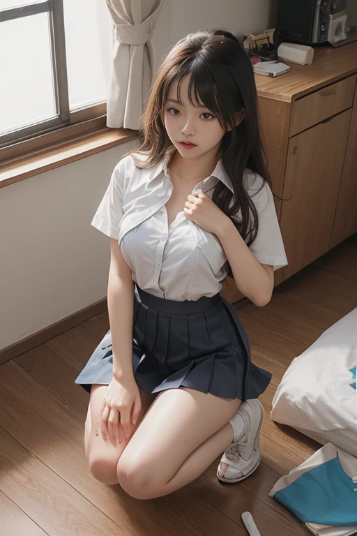 highest quality、17 years old、high school girl 、very cute、((Large Breasts))、((Cute Woman))、(Ecstasy face)、Long brown hair with bangs、Long legs、 Perfect balance、Slim woman、(Increase the resolution)、(8k)、(Very detailed)、(Beautiful big eyes)、Droopy eyes、Earrings、necklace、(highest quality)、(Very detailed)、(masterpiece)、(wallpaper)、(Detailed face)、((White short-sleeved sailor suit:1.3))、A very short white sailor suit、(Navy Pleated Mini Skirt:1.5)、((Perfect Anatomy))、Perfect limbs、Perfect Fingers、((very slim thin thighs))、(Very thin legs)、((barefoot))、(Spread your legs wide:1.3)、(Lift your legs:1.3)、(Navy Pleated Mini Skirtが捲れ上がった:1.5)、(Angle from below)、((White panties exposed:1.5))、(A detailed drawing of white lace panties:1.3)、In the toilet、