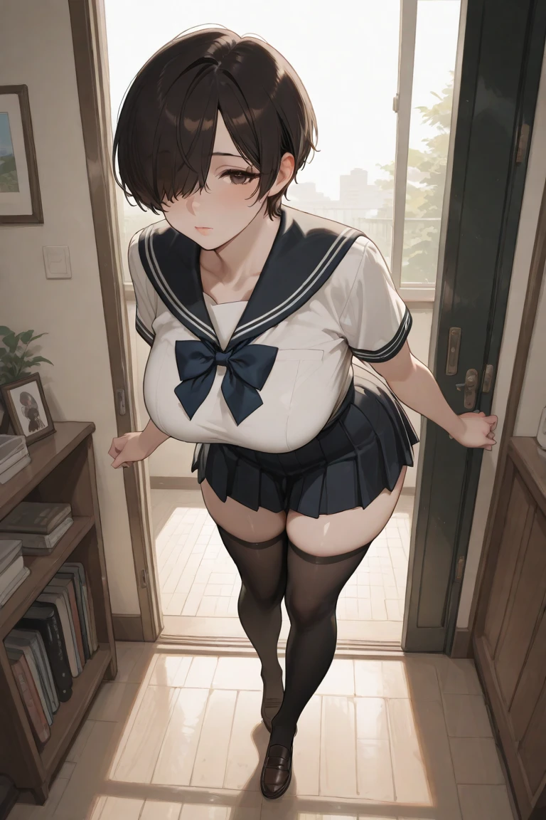 masterpiece、Highest quality、Ultra-high resolution、Medium breasted girl、red and large eyes,、Black short hair、The hair inside is colored、Excited face、Please open your mouth a little、Sensual Gravure Idol、Seductive pose、Sex-inviting pose、Thick thighs、Sailor suit、Show your side