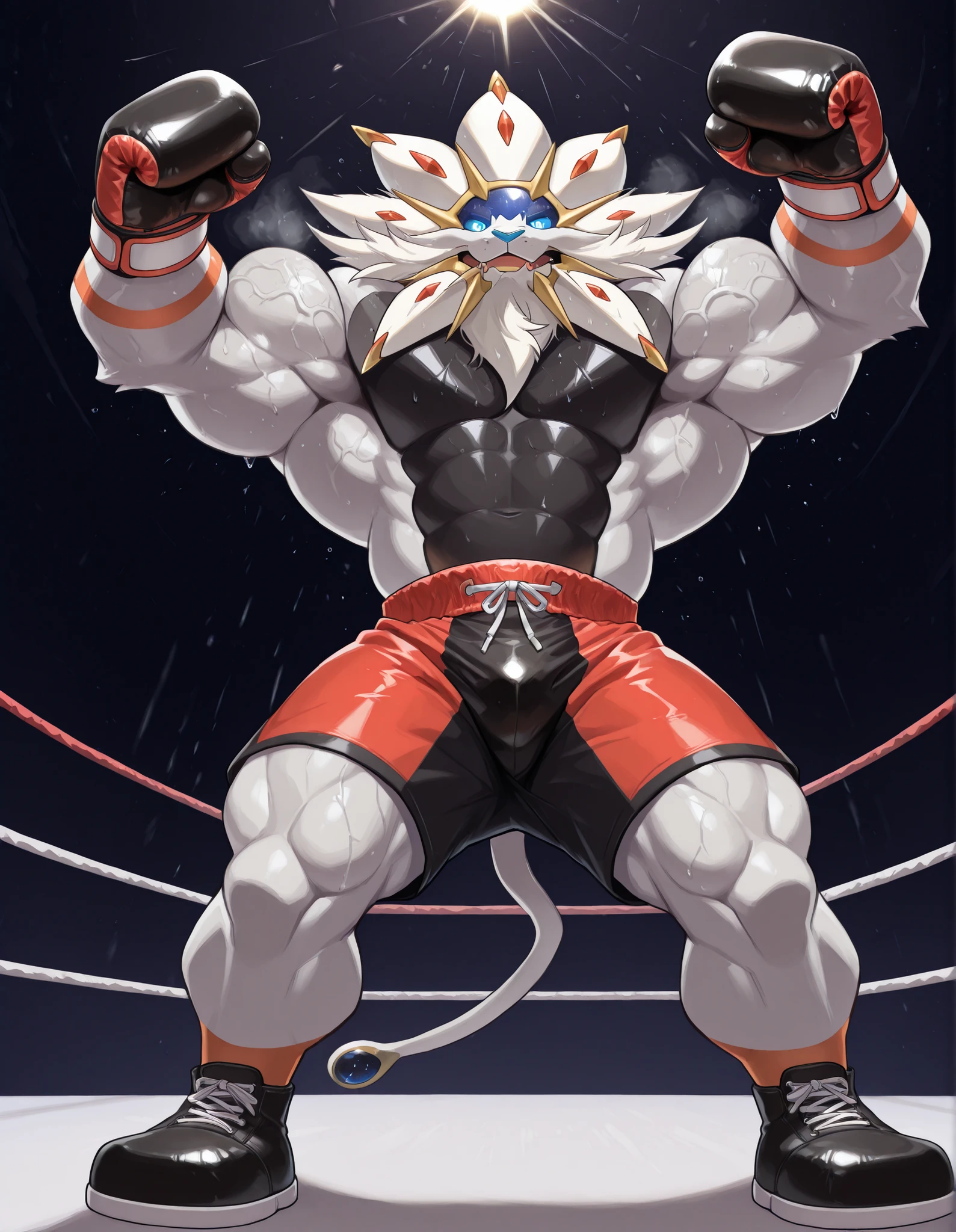 Solgaleo, anthro male, high quality, full body, looking down at viewer, looking up from directly below, solo, boxing ring background, red boxing gloves, thick very veiny arms, very veiny muscular, black boxing shorts, black boxing shoes, the greatest boxing champion, glistening fur, sweaty, bravely expression, steam, heavy breathing, bravely eyes, gear up with fighting spirit, shirtless, straight legs, A manly victory pose with his arms raised high and his chest held high, b0xingp0v
