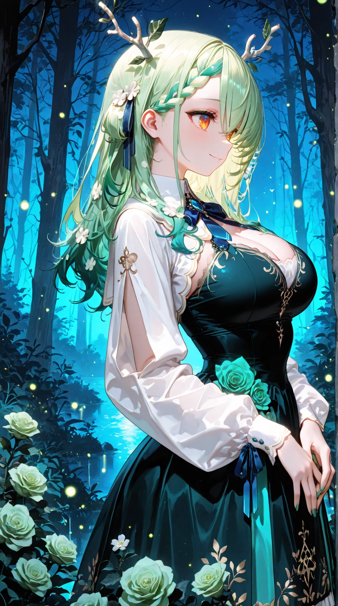 ((masterpiece)), ((Highest quality)), ((very detailed)), 4K, (8k), solo, 1 girl\(fauna_base, long hair, antlers, braided bangs, amber eyes, (two-tone dress with white collar, white sleeves and blue ribbon around the neck), green nails, Green roses on the side of the waist), (large breasts), (standing, happy, girlish pose), Deep forest at night with fireflies flying around, from side