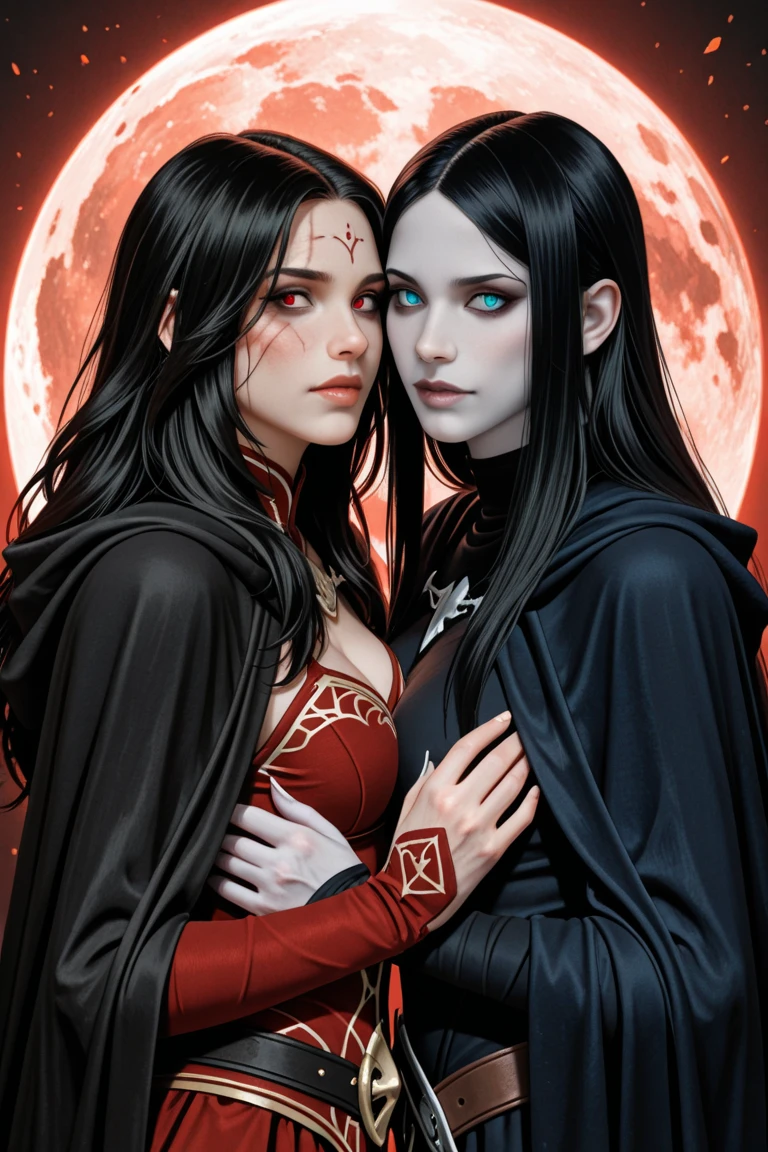 Male and female with black hair and makeup are posing for a picture, pentagram, satanism, witchcore, pentagrams, pentacle, demonic! compedium!, conjure devils, scary horrifying satanic rituals, wicca, dark and gothic, dark and evil, goth asthetics, unholy union, neogothic, demonic magic ritual, demoness
