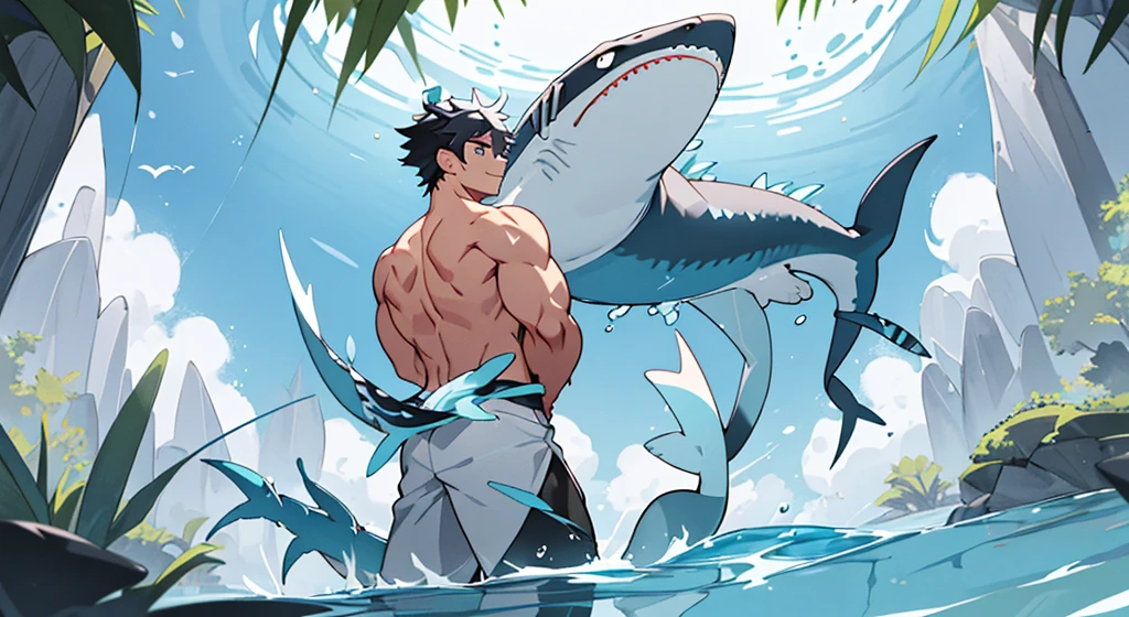 score_9, score_8_up, score_7_up, score_6_up, rating explicit, focus male, source anime, shark boy, sharp tooth, blue skinned,  monster boy, nsfw,  yaoi, Aquatic monster, Coral