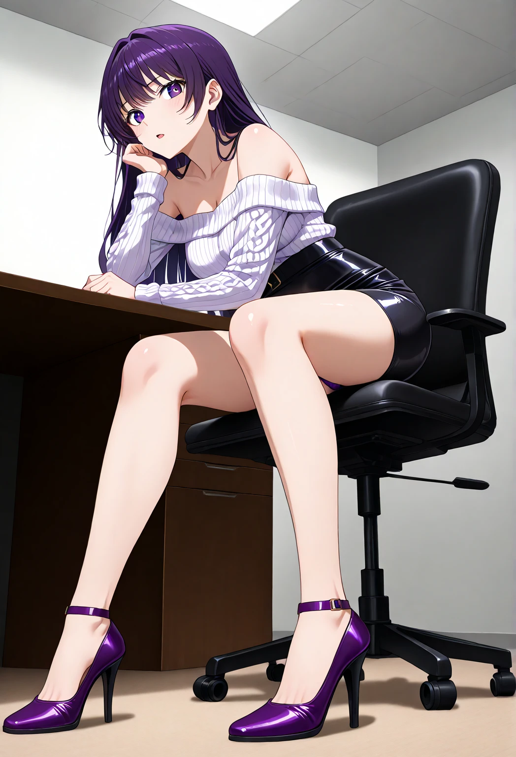 tohkayatogami, tohka yatogami casual, long hair, purple hair, alluringly smile, mini dress, tight dress, red dress, sweater fabric , v neck, cleavage, bubble sleeve , short sleeve necklace, ribbon , white skirt, knee length skirt, tight skirt, purse (purple eyes:1.1), hair ribbon, ponytail, purple hair, white ribbon,g cup breasts, plump butt , high heels
BREAK ,
BREAK indoors, office, alone, sitting, sit on desk, hand on desk , high heels,
BREAK looking at viewer, seduce poses ,full body view, head to toe view, side view
BREAK (masterpiece:1.2), best quality, high resolution, unity 8k wallpaper, (illustration:0.8), (beautiful detailed eyes:1.6), extremely detailed face, perfect lighting, extremely detailed CG, (perfect hands, perfect anatomy),