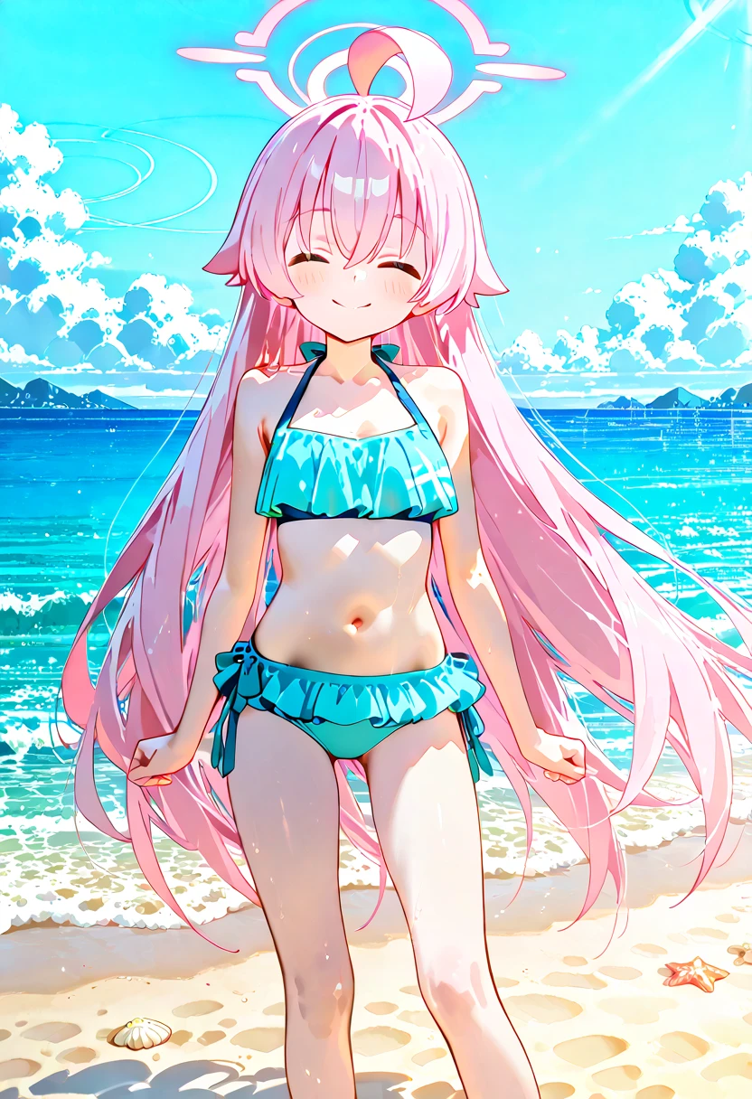Coral pink hair,Long hair,hair over one eye,Gray eyes,feather hair ornament,cute,Girl,Smiling expression,Happy and happy expression,White bikini,Wet on the body,Standing in the pool,Don't show your arms,Background is beach,Hawaii,Blue sky and white clouds