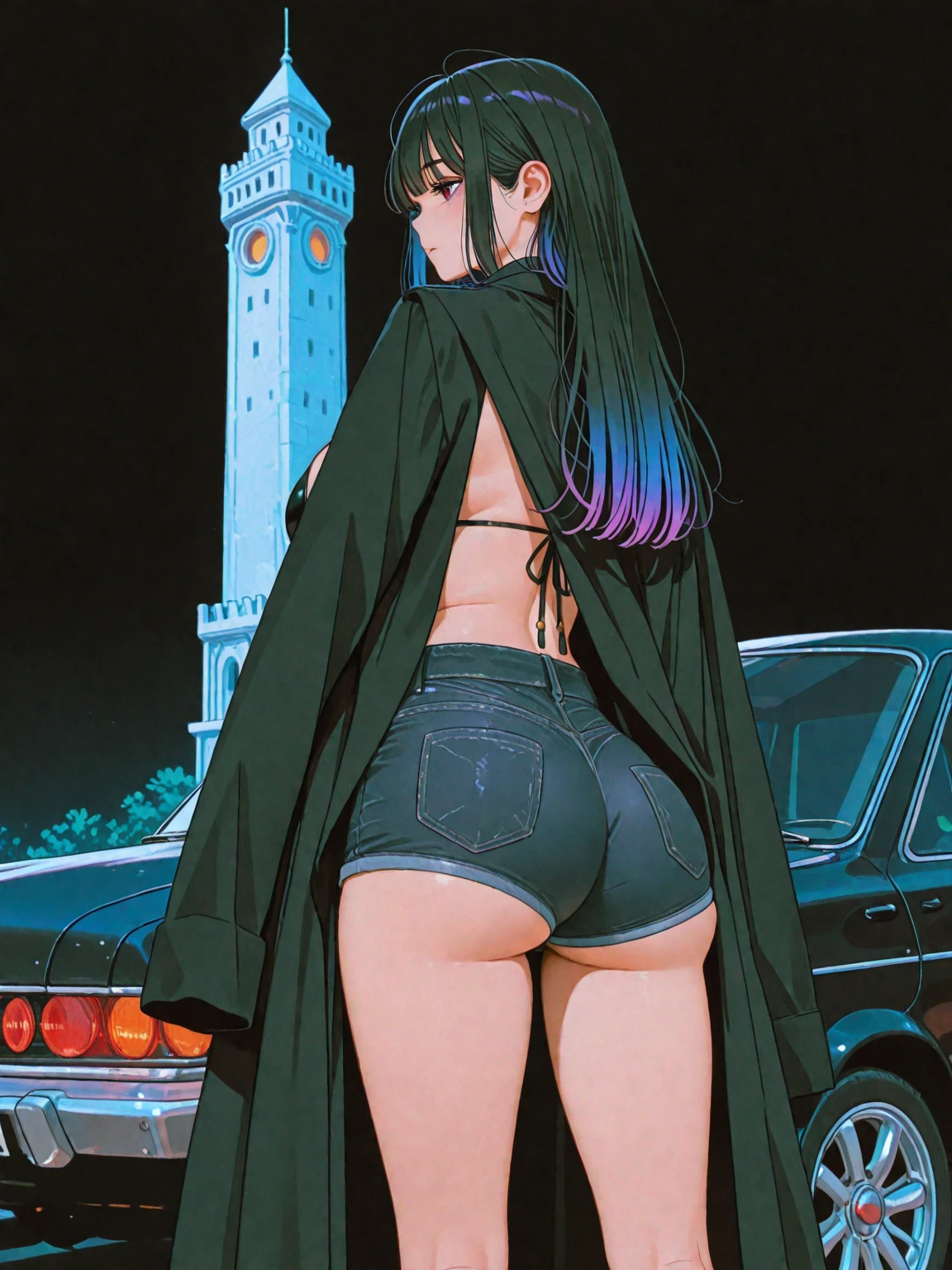 1girl, (striped panties), leather jacket, from behind, , nigh city, (Highest Quality, Amazing Details:1.25), Brilliant Colorful Paintings, lineart