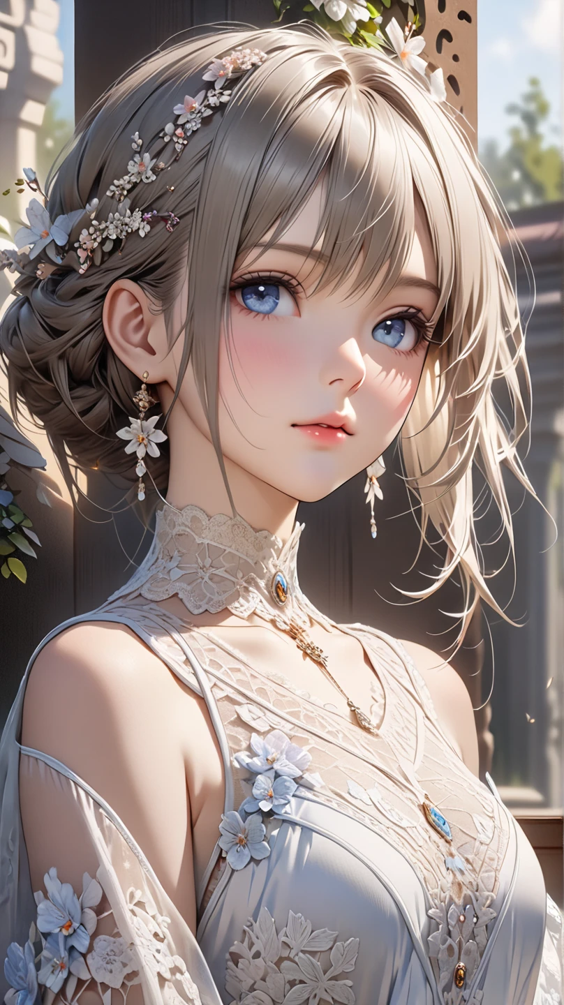 The upper part of the body、The face is front、profile、8K、realphoto、超A high resolution, Master Parts, Best Quality, nffsw , cinematic images,Lovely girl、ann、16 only、annグロサクソン、二重まぶた、drooing eyes、Very big eyes、Eyes purple、Dark eye shadow、The lips are very thin、The tip of the nose stretches beautifully...............................................、the tip of the nose is small,,,,, ighly detailed , Silver hair、Straight short hair、ssmile、 Sweet look 、a very beautiful woman、legs are long、 Very clear shadows , jewely , A sexy , A detailed eye, very intricate, shiny skins , パーフェクトブリリannト, Perfect Lighting, Dramatic shadows、White tiara on head、Gold necklace around the neck、White aristocratic dress with gold embroidery、