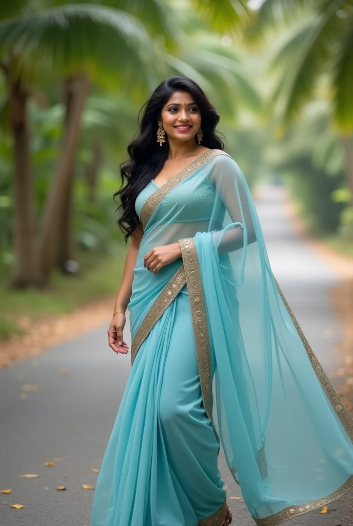(Realistic image, Indian girl wearing light blue saree, beautiful girl wearing jewelry, outdoor street background),(auto, s2)