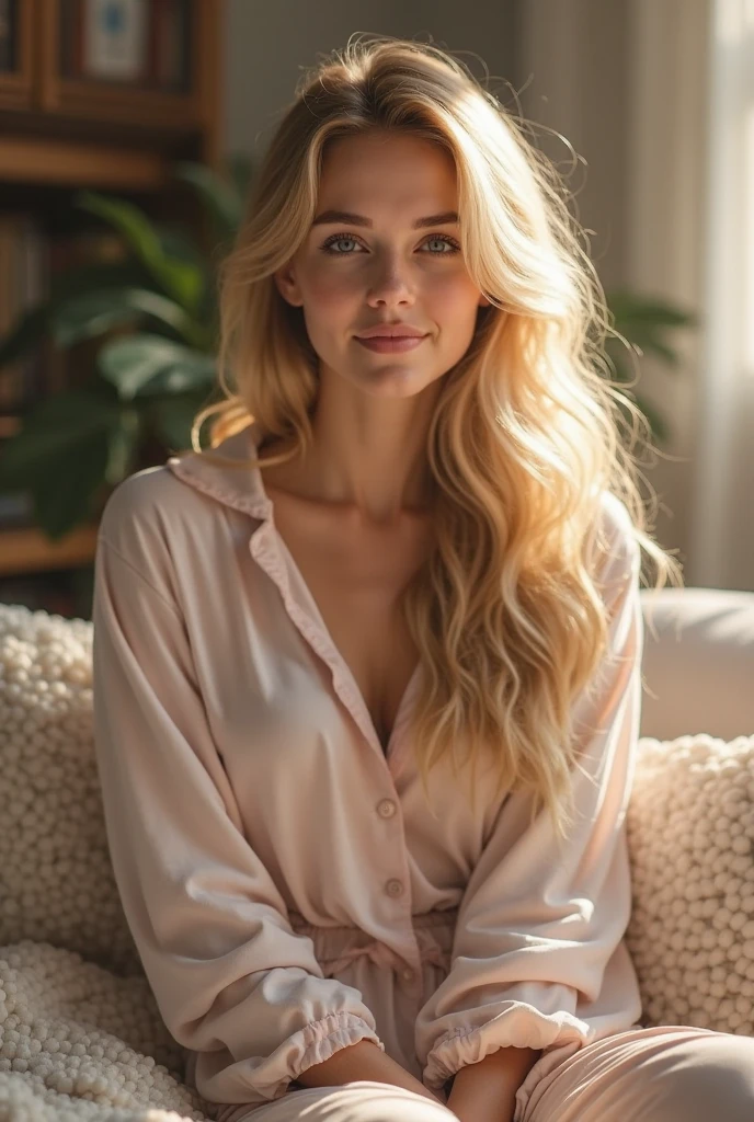 (photorealism:1.2), beautiful woman, sitting on bed, wearing loose off-shoulder top, pajama pants, long curly hair, indoors, soft lighting, plants in background, window with sunlight, cozy room, relaxed pose, realistic, intricate details, warm colors, by Greg Rutkowski, by Alphonse Muchanatural foto de una hermosa chica americana de 25 años ,con pelo rubio dorado medio ondeado de ojos azules color cielo pestañas y cejas definidas ,con labios pronunciados,con un hermoso rostro EN TRAJE DE BAÑO SEXI