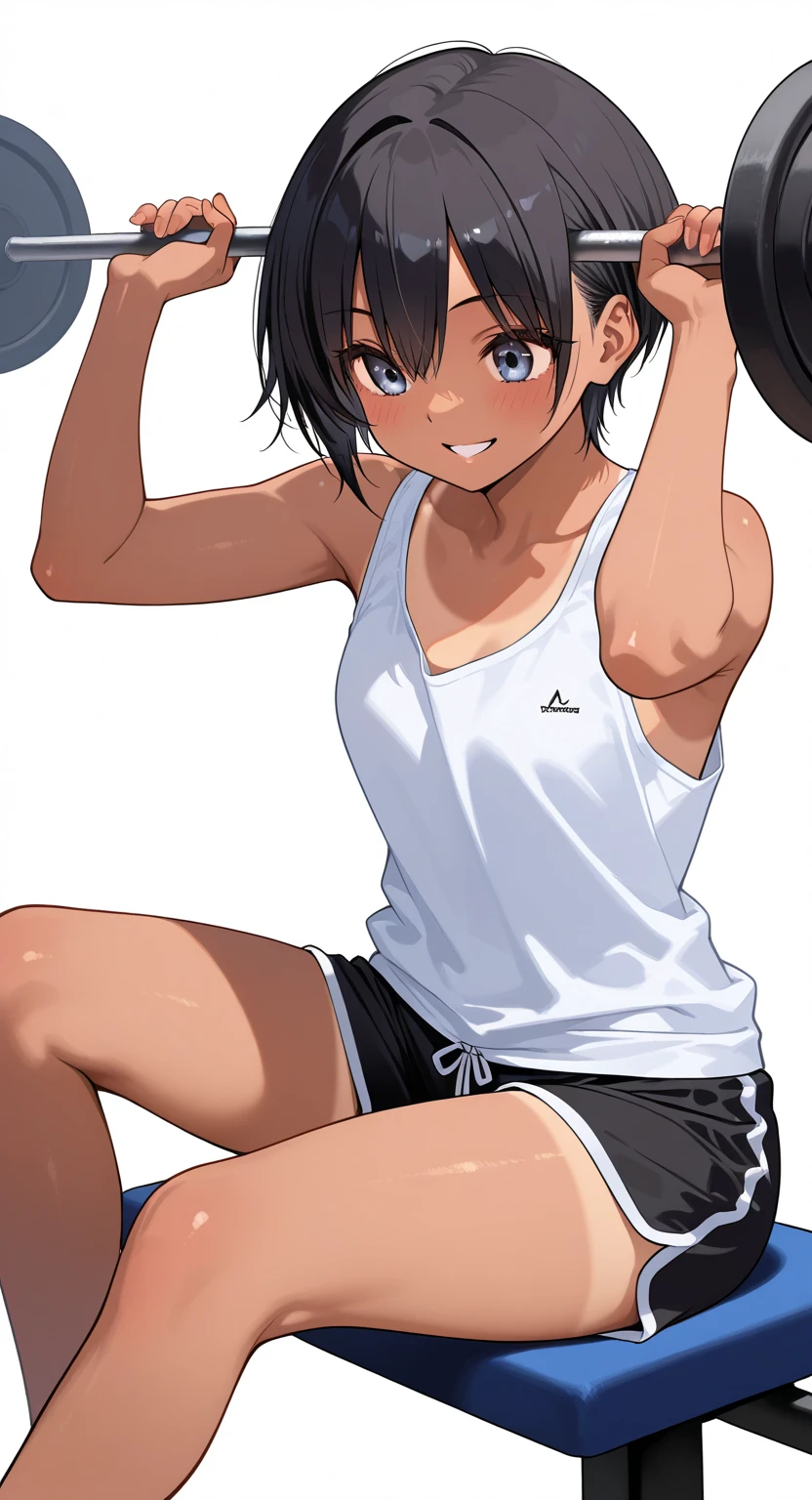 1 hot girl, whithe skin, black eyes, grin, gorgeous, mexican, short bob, school girl, young teen, small breasts, navel, exposing clothes, cheerleader, hand behind head, armpits, tight body