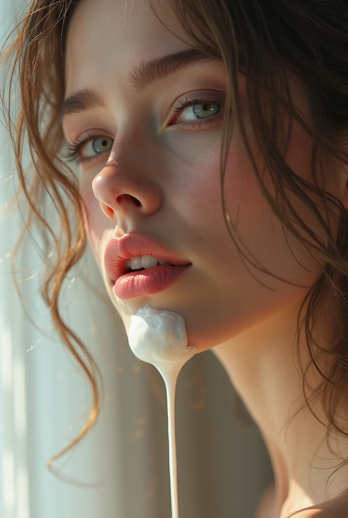 1 hot 17yo young girl, European, realistic eyes, small breasts, hard nipples, open chest, [white sticky liquid covered] (Ultra HD, Highest quality, High resolution, 24000dpi, Perfect body curve