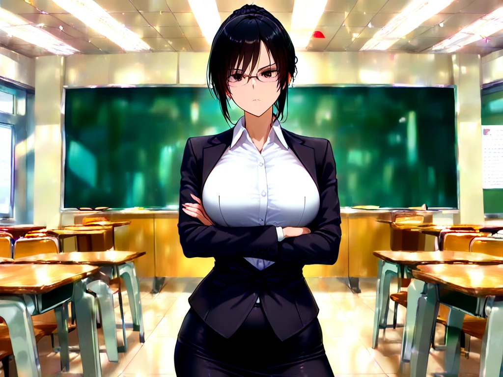 masutepiece, Best Quality, Detailed eyes, Detailed face, HUCharlotte, Dark skin, Large breasts, Short hair, Black hair, Purple eyes, Curve, Glasses, From Side, Sitting, Private Office, hand on own face, frown, desk work, Blazer, dress shirts, Pants, elbows on the table,