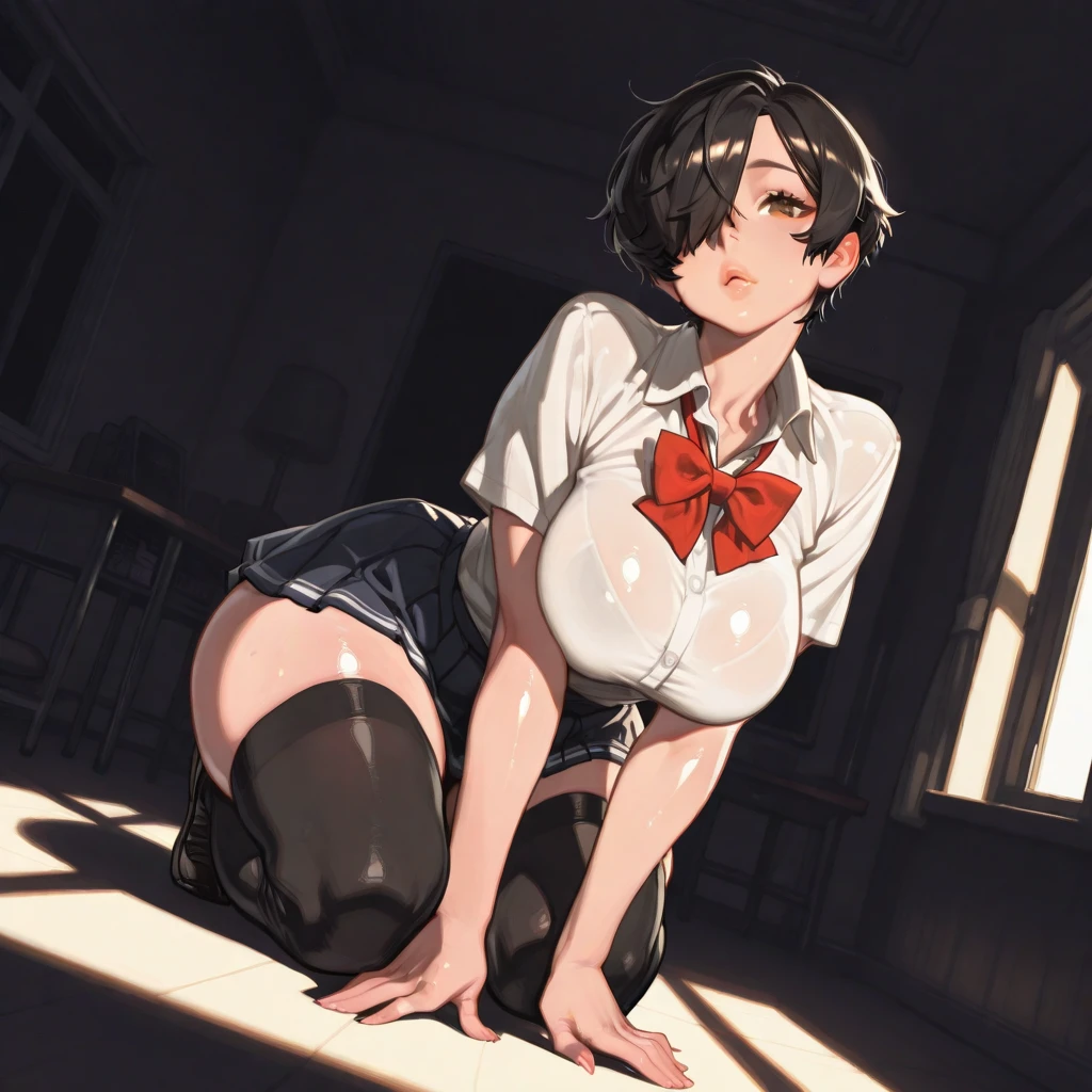 ((masterpiece,Highest quality:1.3,best quality illustration)),((realistic)),cowboy shot,独奏,1woman,(18 year old beauty),black hair,short bob hair,blunt bangs,black eyes,gorgeous big eyes,((very small head:1.3)),shy,tears,((very long body:1.2,skinny)),medium breasts,(tan skin,Sleeveless white shirt、Red bow tie、Black plaid mini skirt、white_thighhighs),sweat,gleaming skin,slender body,squatting,spread legs,peeing,Simple hotel bedroom、Tokyo、